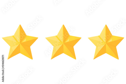Three golden rating stars with a glossy finish. A symbol of review, feedback, and quality evaluation. Stars isolated, AI generated.  .