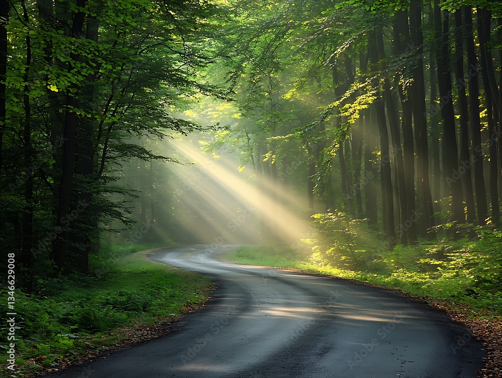 Fototapeta premium Sunbeams Forest Road for Morning Mist.