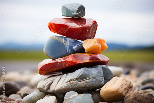 Behold, a wondrous tableau unfolds, as colorful artistry of constructing a rock cairn, imbued with purpose and profound contemplation, manifests in meticulous placement of every stone