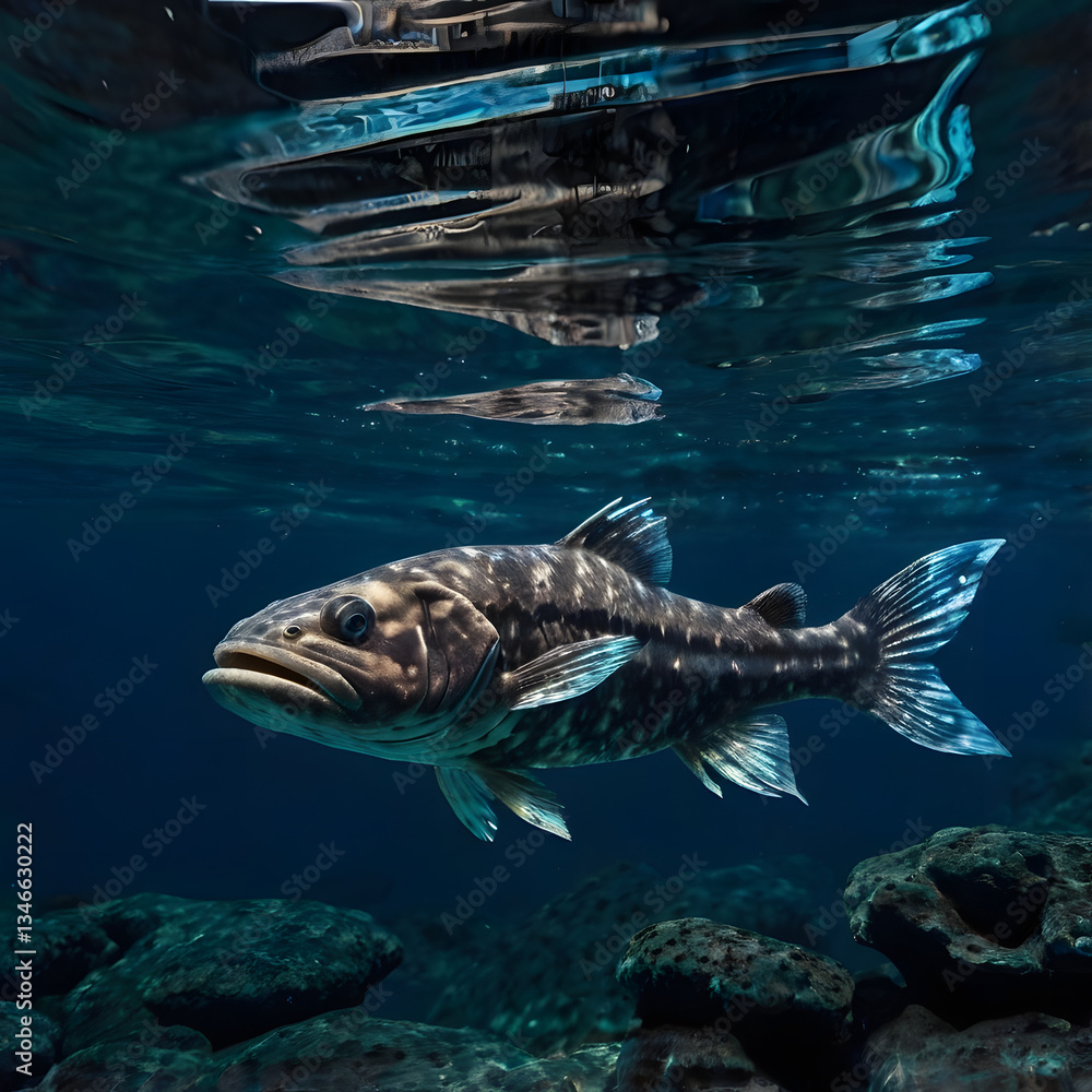 Fototapeta premium Ancient Underwater Sentinel: Capturing a coelacanth, a prehistoric wonder gliding gracefully through the depths of the ocean. This underwater view showcases its distinctive features.