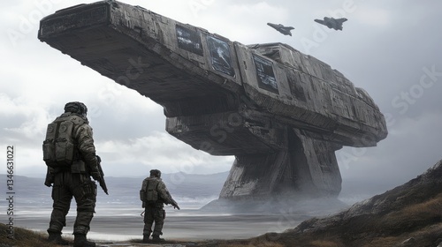 Fototapeta Naklejka Na Ścianę i Meble -  Massive, derelict spaceship in a desolate landscape, two soldiers observe