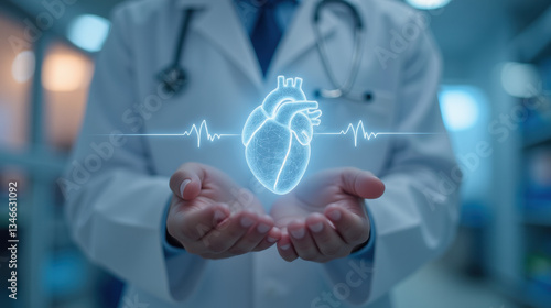 doctor holds glowing heart hologram, symbolizing health and care