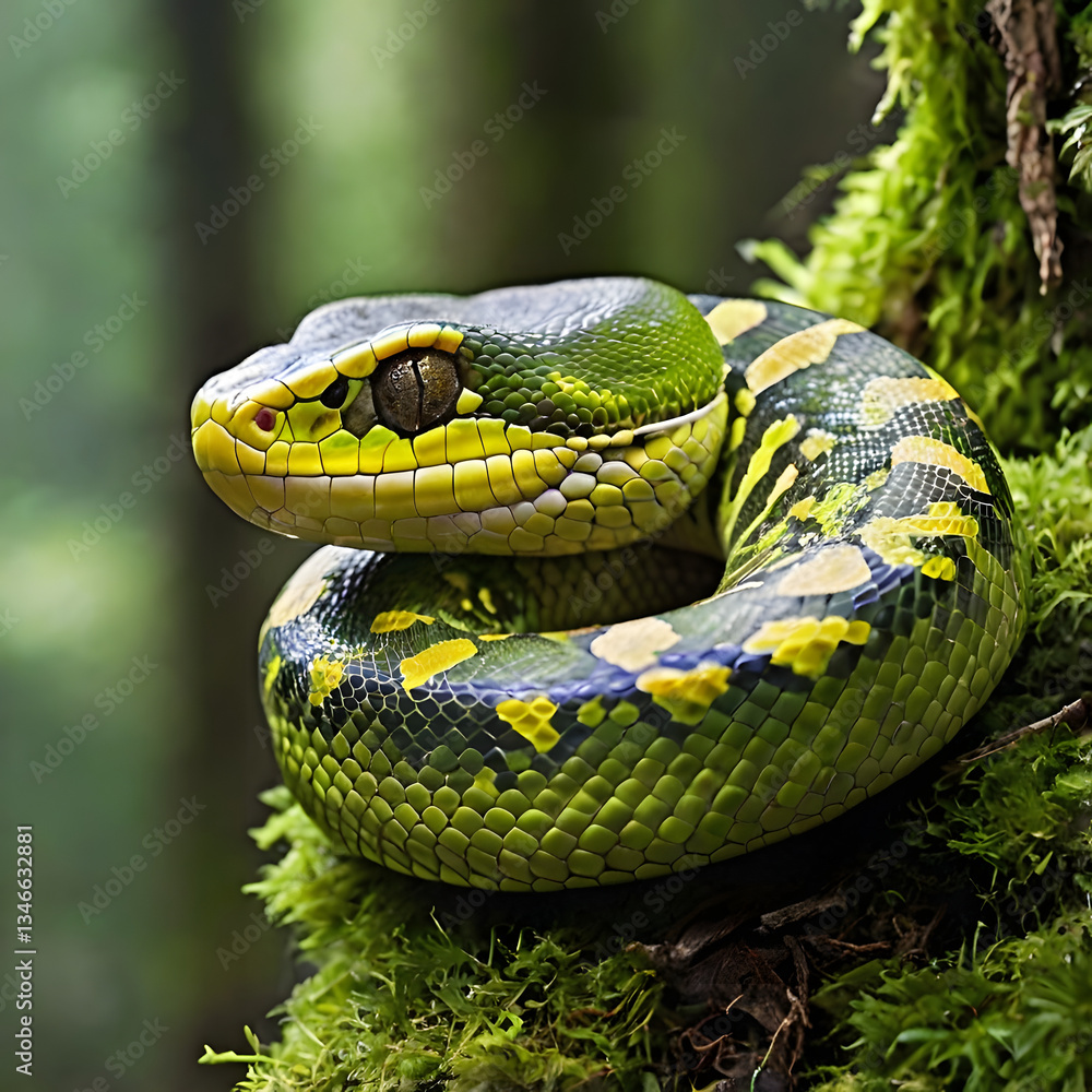 Fototapeta premium Emerald Tree Boa: A mesmerizing emerald tree boa snake, its vibrant green and yellow scales shimmering amidst a backdrop of lush green moss.