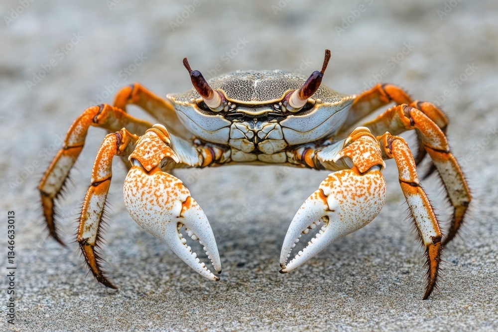 A close up photograph showing a colorful crab on a surface A close up photograph showing a colorful crab on a surface