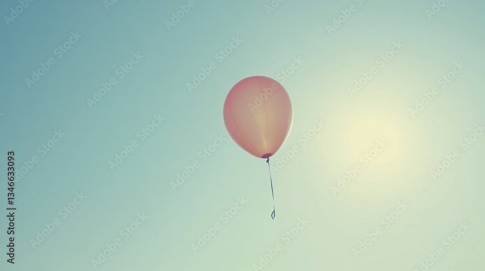 Obraz premium Single pink balloon floating in a clear blue sky.
