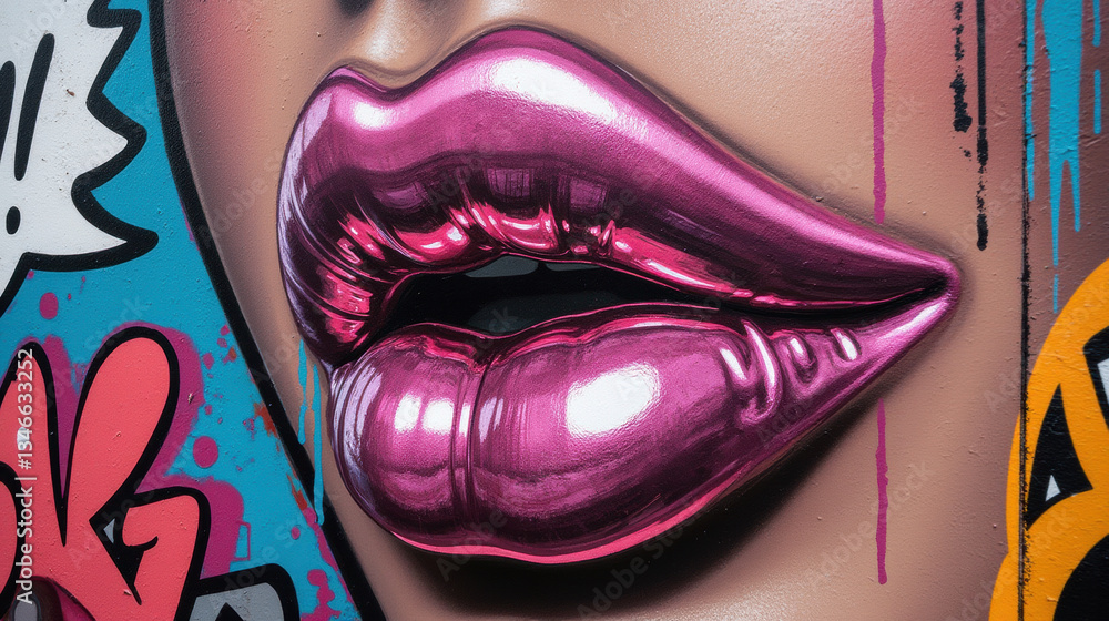Fototapeta premium Vibrant graffiti art featuring glossy pink lips with playful expression, showcasing urban creativity and bold colors