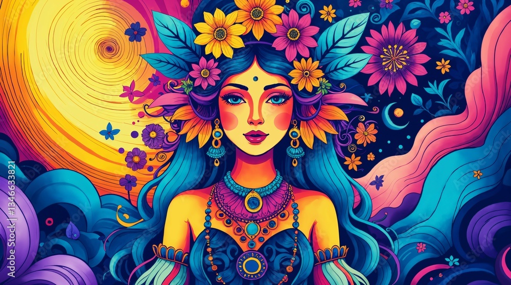 A divine goddess with a glowing floral crown in a swirling celestial background A divine goddess with a glowing floral crown in a swirling celestial background