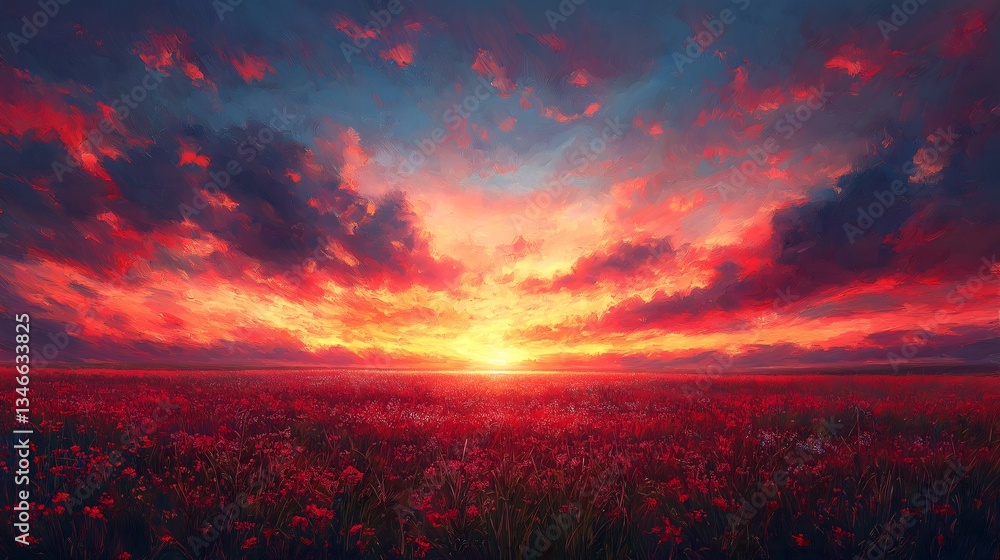Fototapeta premium Dramatic Red Sunset Over Flower Field Landscape