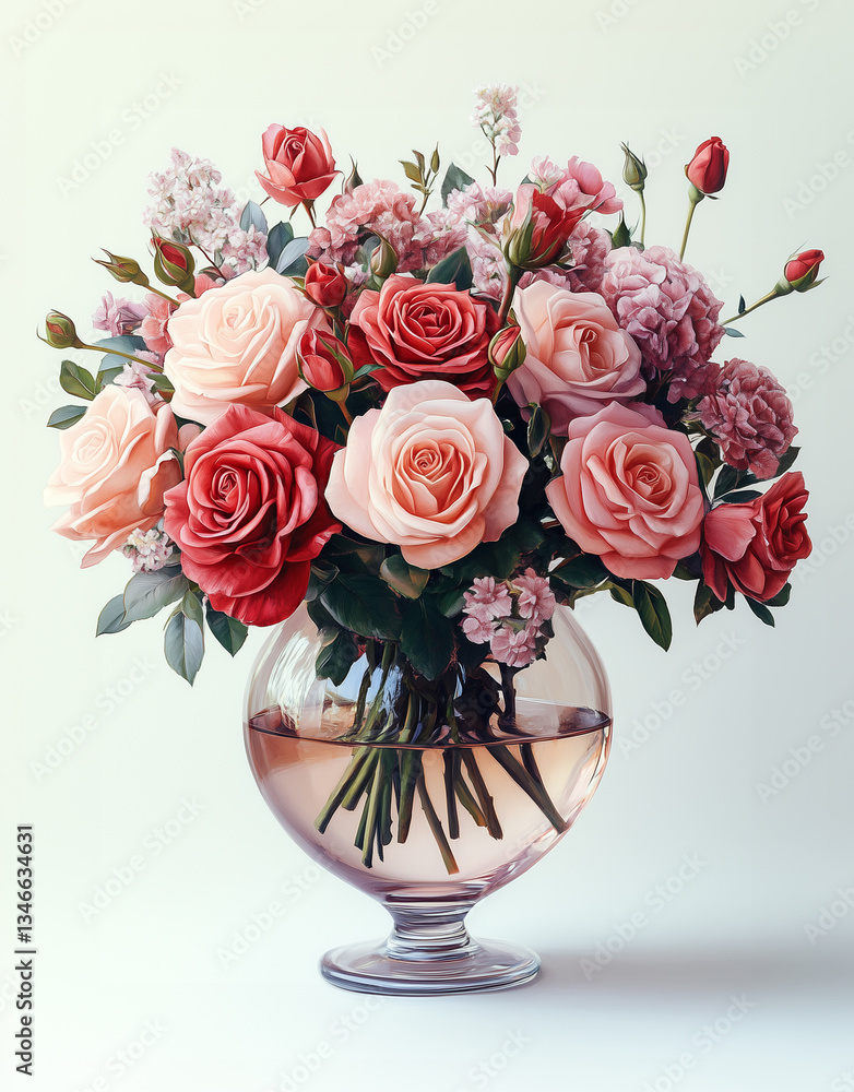 Obraz premium Beautiful bouquet of pink and peach roses in a clear glass vase on a simple background