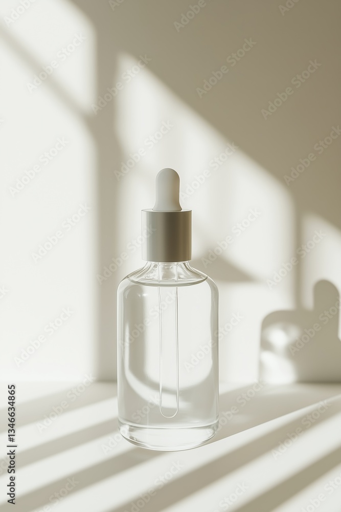 a glass bottle with a dropper filled with transparent liquid, casting shadows on a surface a glass bottle with a dropper filled with transparent liquid, casting shadows on a surface
