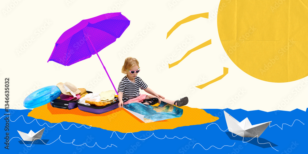 Fototapeta premium Girl sitting on beach with suitcase, studying ocean map under vibrant sky, ready for adventure. Contemporary art collage. Concept of travel, childhood dreams, surrealism, exploration, summer vacation.