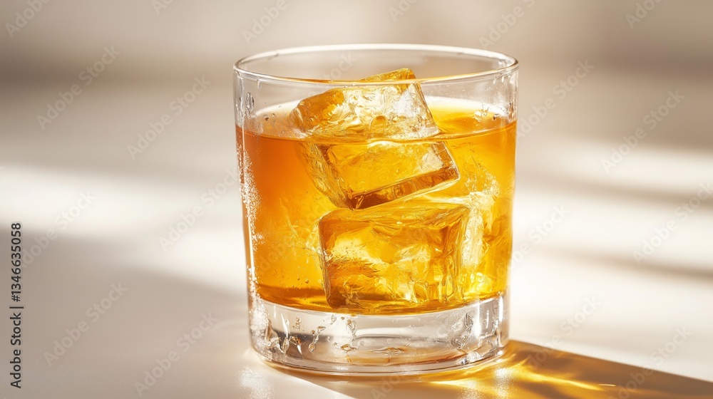 Refreshing cocktail served over ice in a clear glass against a soft beige background during evening hours Refreshing cocktail served over ice in a clear glass against a soft beige background during evening hours