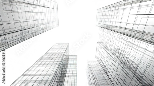 Abstract Architectural Wireframe of Modern Skyscrapers - 3D Perspective View