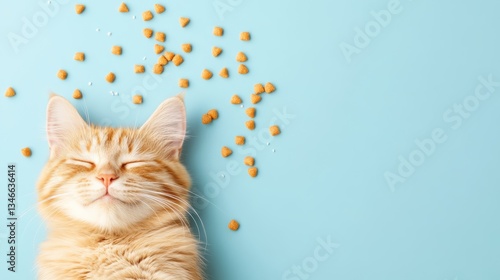Cute Orange Kitten Relaxing with Cat Food on Blue Background