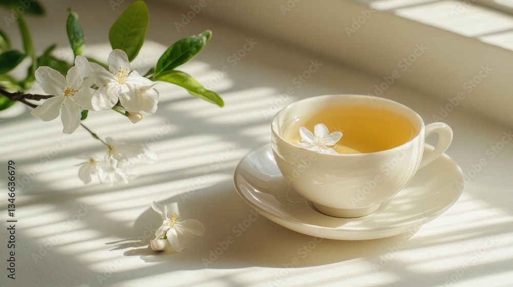 A cup of tea with apple blossoms in sunlight. A cup of tea with apple blossoms in sunlight.