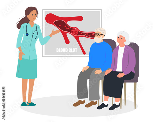 Nurse is teaching elderly people about Thromboembolism. Education. Circulating blood clot. Flat graphic vector illustration isolated on white background.