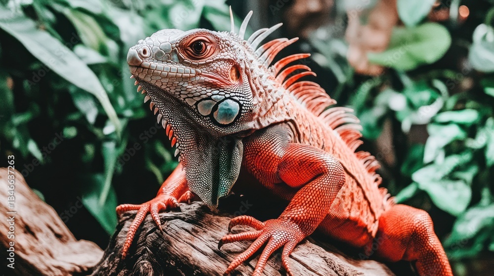 Obraz premium Red iguana perched on a branch, surrounded by lush green foliage.