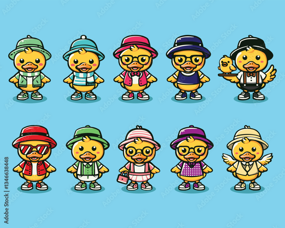 Adorable duck mascot set with unique outfits and accessories. Perfect for branding, kids' content, stickers, digital art, and merchandise design. Adorable duck mascot set with unique outfits and accessories. Perfect for branding, kids' content, stickers, digital art, and merchandise design.