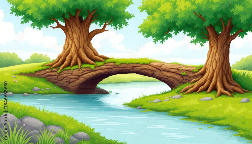 Naklejka premium Serene Landscape: A Picturesque River Bridge Under Lush Trees