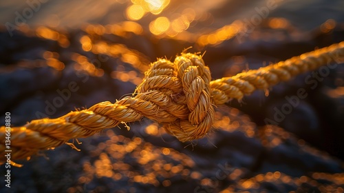 Ultra-fine detail of a balloon's nylon string knot, captured with a 100mm macro lens showcasing fiber texture, enhanced by golden hour backlight with rim glow