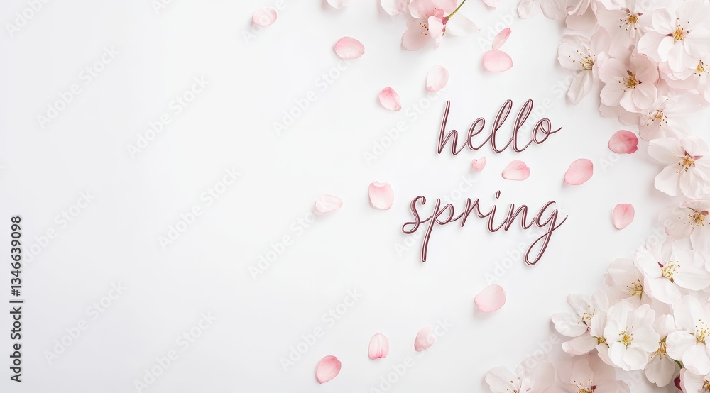 Elegant Cherry Blossom Branches with “Hello Spring” Text on Minimalist White Background Elegant Cherry Blossom Branches with “Hello Spring” Text on Minimalist White Background