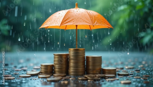 Coin stacks are shielded from rain by an orange umbrella, which also provides financial security. stability of the economy, prosperity, and investment security. Future retirement safety preparation. P