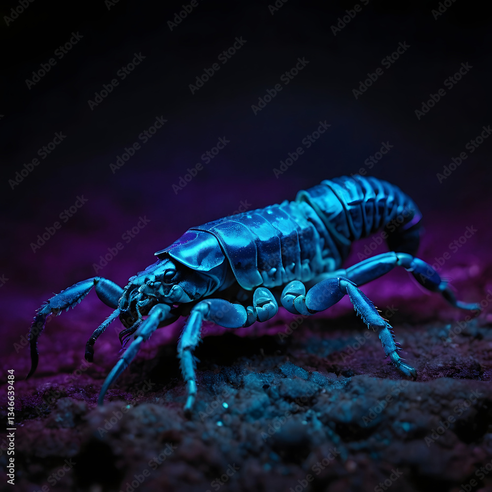 Neon Scorpion: A captivating shot of a scorpion under UV light, revealing intricate details and a mesmerizing neon glow. The scorpion's exoskeleton shimmers with a vibrant blue hue. Neon Scorpion: A captivating shot of a scorpion under UV light, revealing intricate details and a mesmerizing neon glow. The scorpion's exoskeleton shimmers with a vibrant blue hue.
