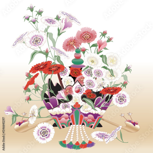  패랭이 꽃으로 장식된 족두리. 벡터 일러스트레이션, 한국의 전통 결혼문화. 신부를 위한 머리 장식 				
