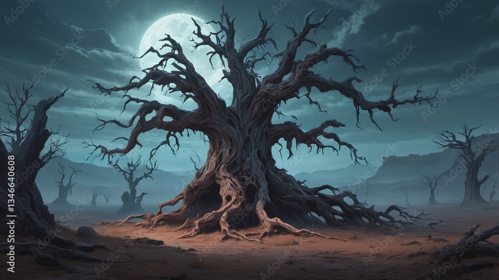 A creepy, ancient dead tree standing tall in a barren, misty environment. A creepy, ancient dead tree standing tall in a barren, misty environment.