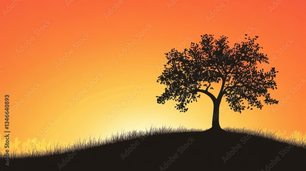 Obraz premium Lone Tree Silhouette at Sunset with Serene Landscape. (78)