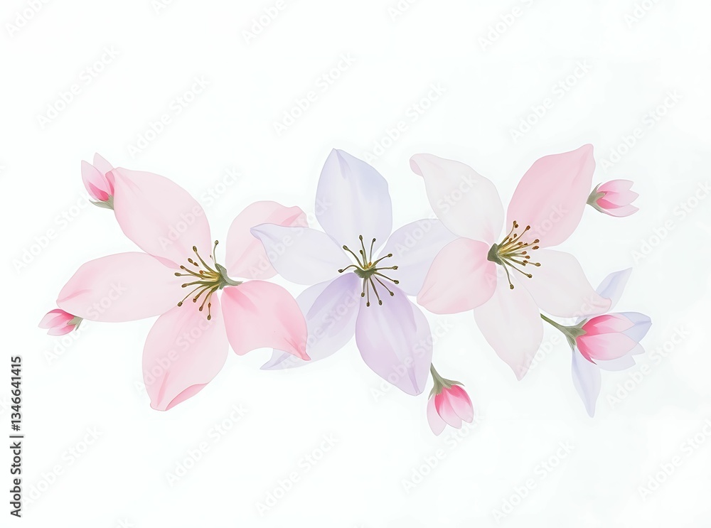 Loose watercolor pastel blossoms with gentle brushstrokes in soft pink, lavender, and pale blue hues
