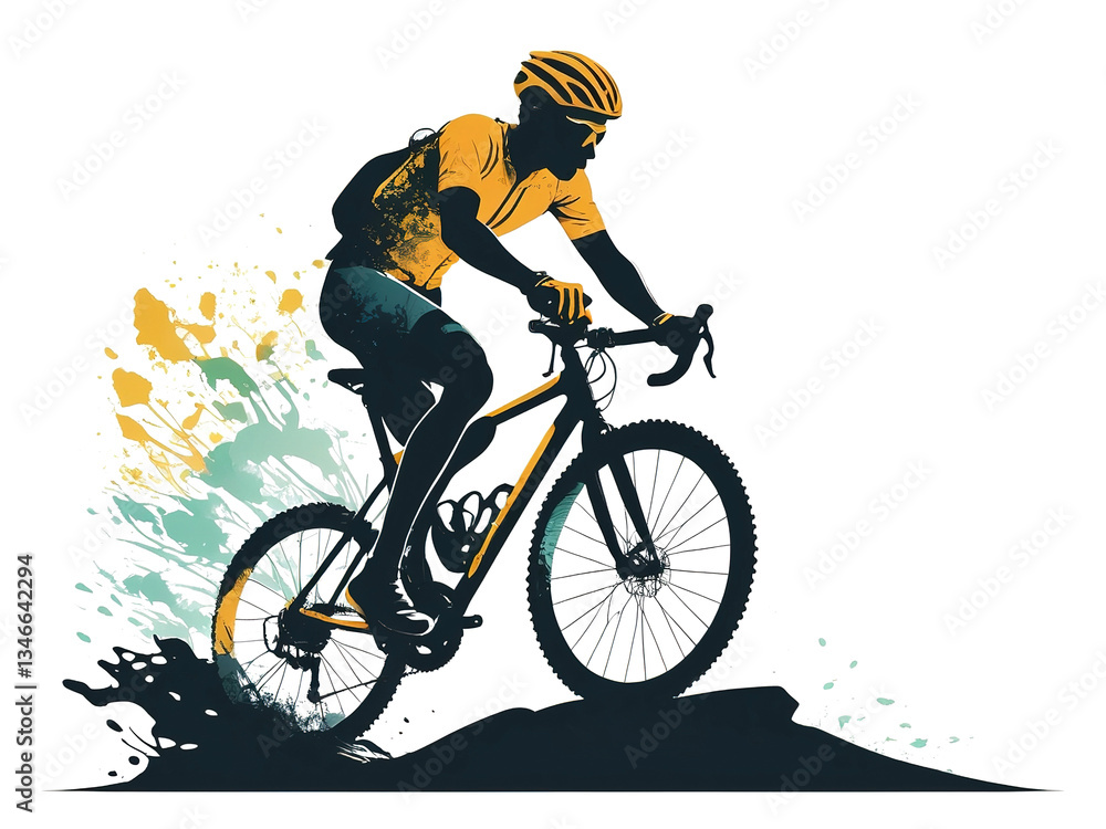 Fototapeta premium A dynamic illustration of a cyclist in action, navigating through a challenging route. Isolated transparent background