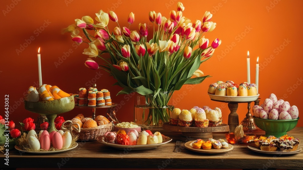 Fototapeta premium A festive Easter gathering--tulips in bloom, candlelit warmth, and a wooden table adorned with sweets and all set against a bold orange background.