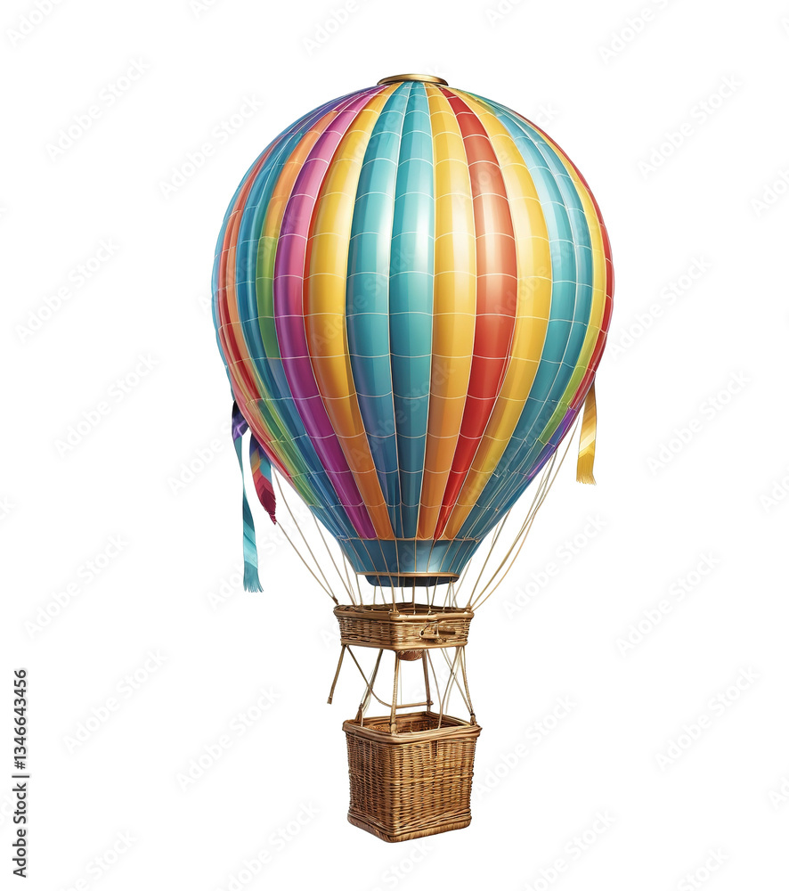 Fototapeta premium Multicolored hot air balloon with intricate patterns against a bright sky. Isolated transparent background 