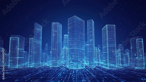 Abstract Architectural Wireframe of Modern Skyscrapers - 3D Perspective View