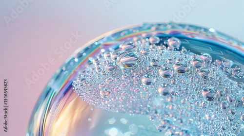 Detailed macro view of a water-filled balloon pressed against dandelion seeds, capturing magnified refraction through curved latex, with a morning dew effect and natural sunlight creating a rainbow