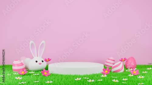3D render Easter product display stage illustration. Cute white rabbit and Easter eggs in spring meadow	