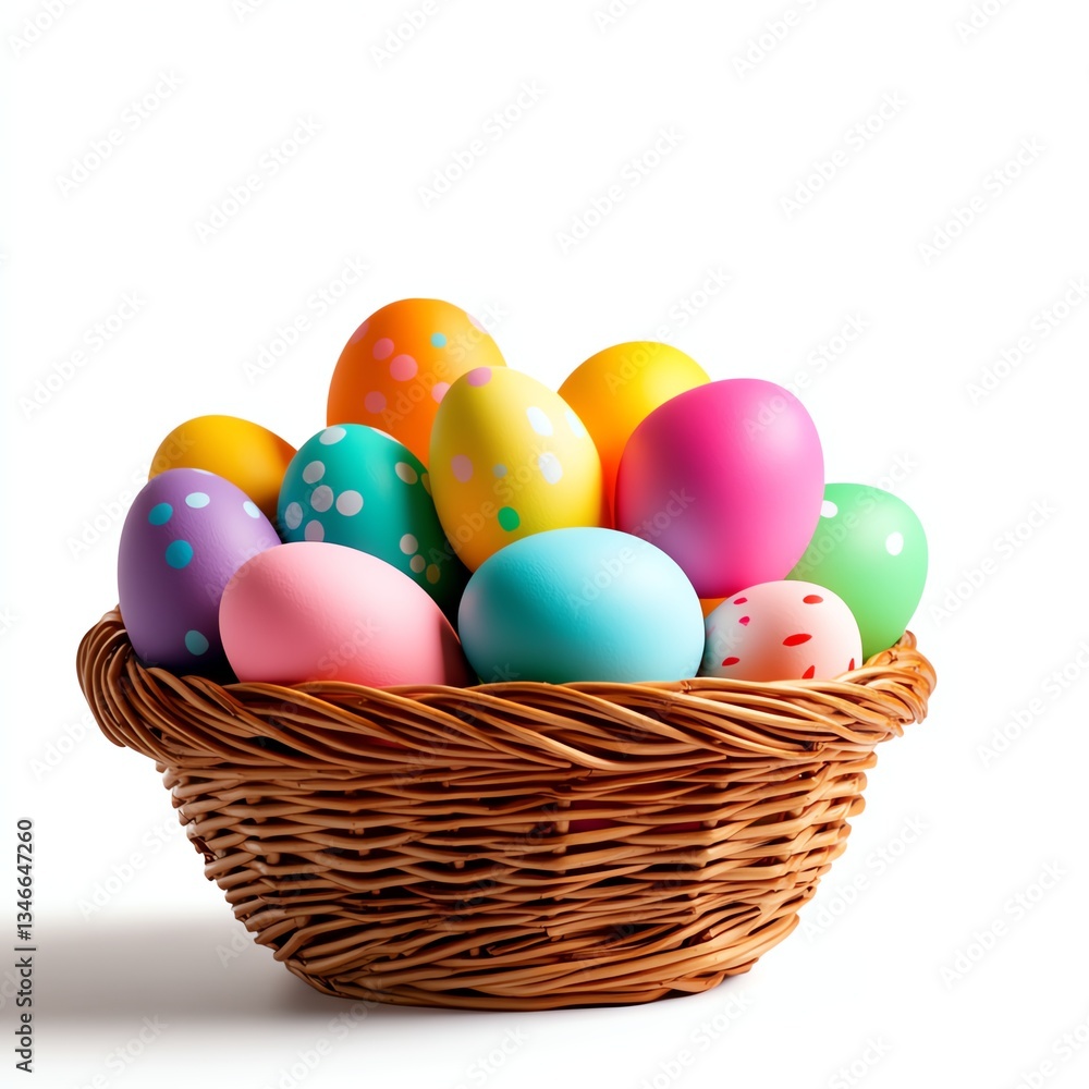 Colorful Easter eggs in a woven basket on a white background. Colorful Easter eggs in a woven basket on a white background.