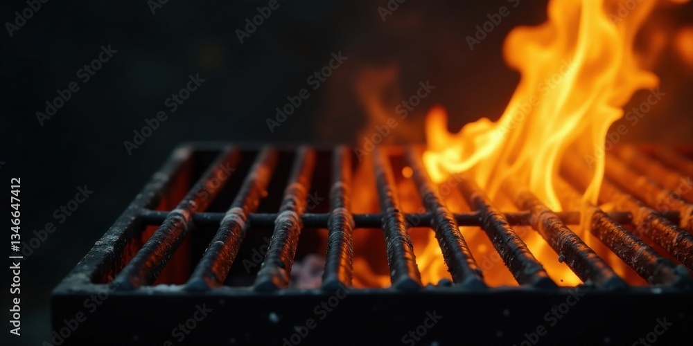 A close-up view of a barbecue grill with vibrant flames beneath the cooking grate, ready for grilling delicious food. A close-up view of a barbecue grill with vibrant flames beneath the cooking grate, ready for grilling delicious food.