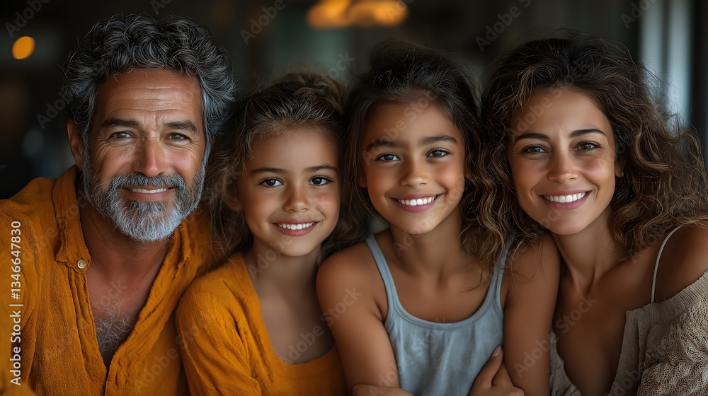 Happy Multigenerational Family Portrait with Smiling Father and Three Children in Warm Setting Happy Multigenerational Family Portrait with Smiling Father and Three Children in Warm Setting
