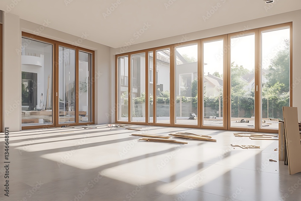 Fototapeta premium Modern home renovation: Spacious room with new flooring and large windows.