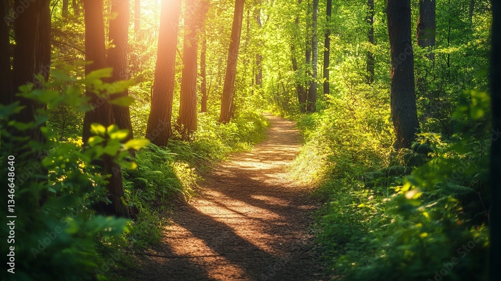 Obraz premium Lush Lush Forest Scene Path Sunlight Soft Greenery