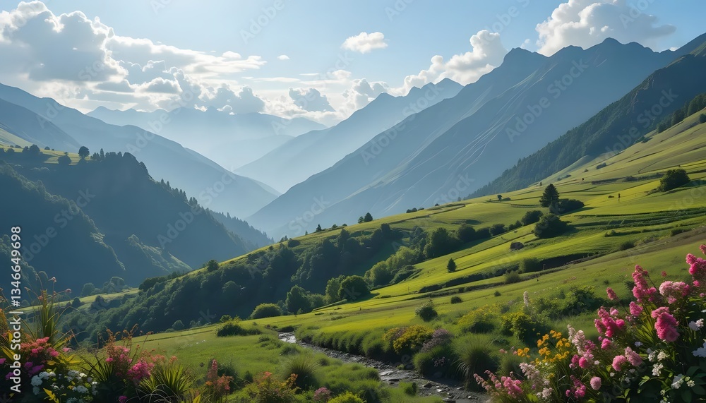 Fototapeta premium Serene mountain valley bathed in sunlight, showcasing vibrant wildflowers and rolling green hills under a bright, cloud-filled sky.