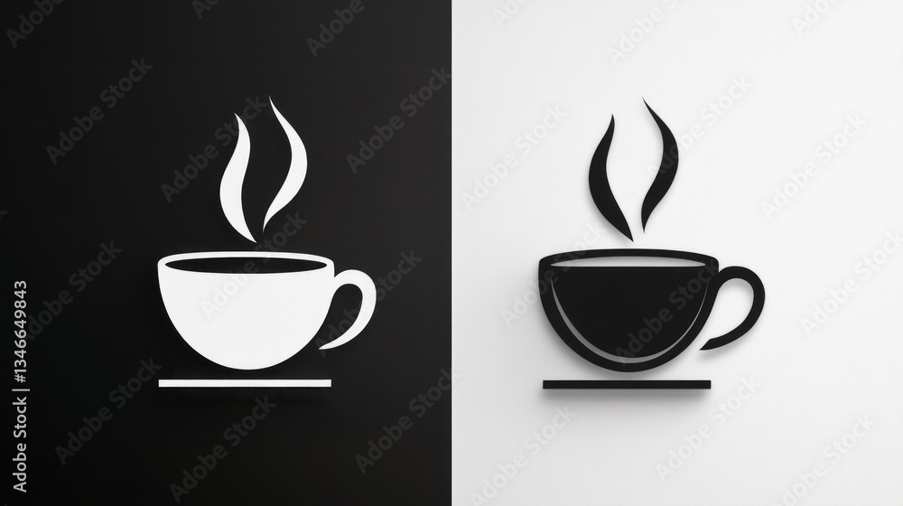 Obraz premium Hot Coffee Cup Icons, Black White Background, Minimalist Design, Website Use