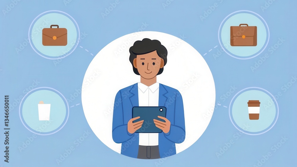 Illustration of a man holding a tablet with icons representing work items around him. Illustration of a man holding a tablet with icons representing work items around him.