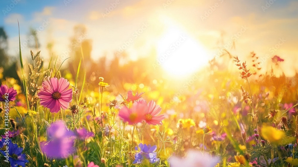 Obraz premium A field of wildflowers in full bloom, a sea of bright, eye-catching colors swaying under golden sunlight