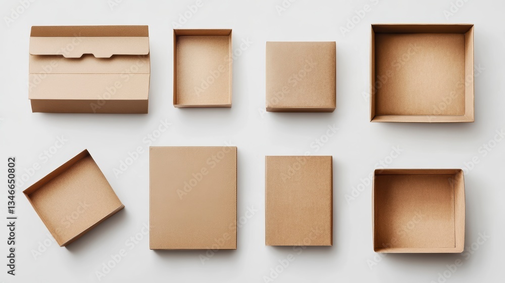 Eight empty cardboard boxes of various sizes and shapes arranged on a white background. Eight empty cardboard boxes of various sizes and shapes arranged on a white background.