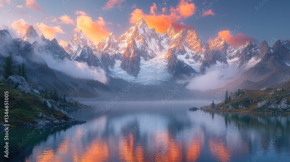 Fototapeta premium Sunrise Alpine Lake Reflection, Mountain Peaks