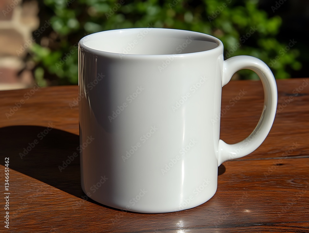 Fototapeta premium Empty White Mug on Wooden Table Outdoors.