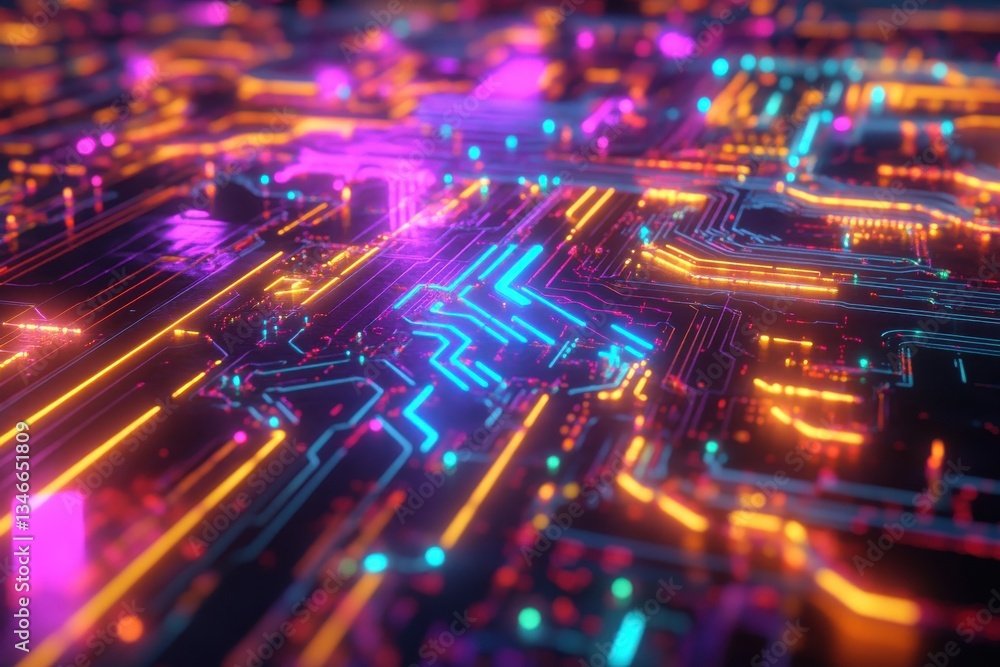 A futuristic circuit board with glowing neon pathways forming a mesmerizing multi-color pattern A futuristic circuit board with glowing neon pathways forming a mesmerizing multi-color pattern